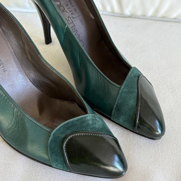 Charles Jourdan Vintage Heels 6 Green Leather Suede Pumps Dark Academia Prep - Picture 3 of 9